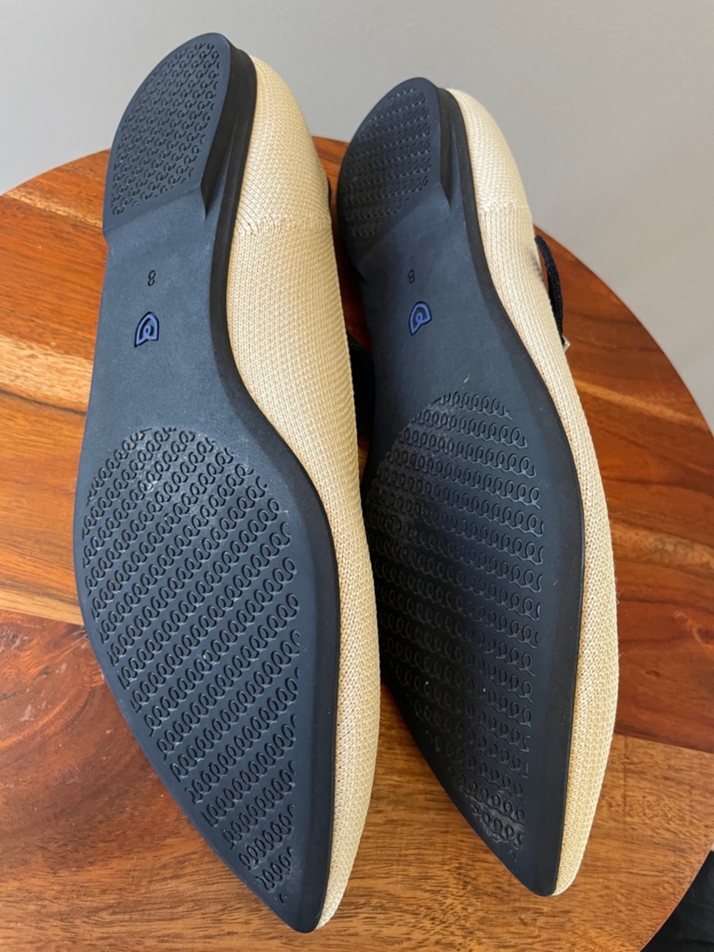 Rothy's Pointed Mary Jane Flats in Cream with Black Trim and Blue Heel sz 8 - Picture 7 of 14